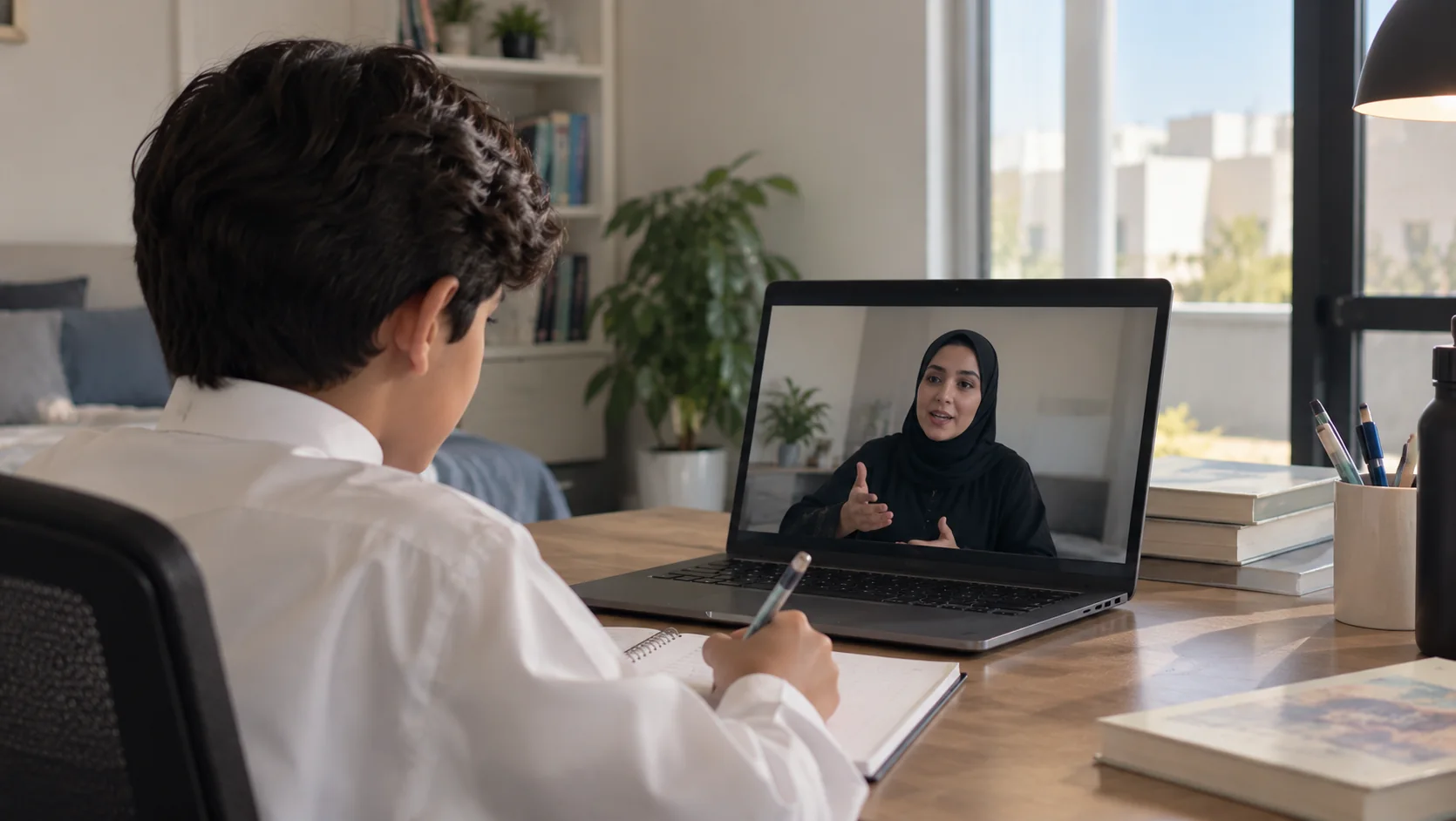 طالب في جلسة تركيز مباشرة مع معلمته عبر الإنترنت
